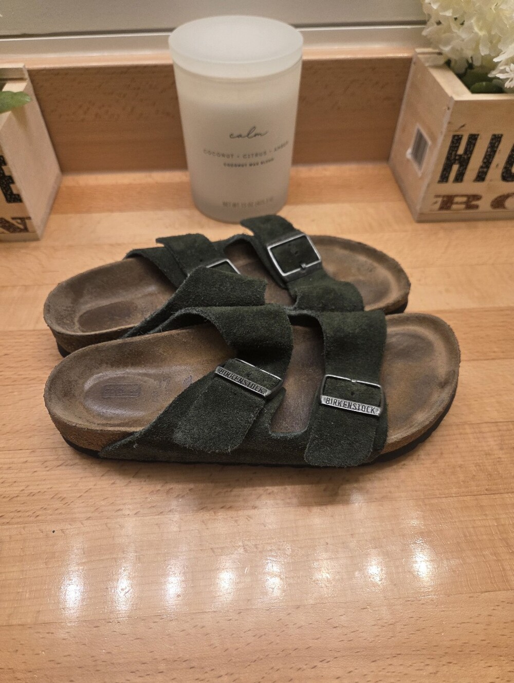 Birkenstock Arizona Sandals Thyme Green Suede Leather Soft-footbed Womens EU 37